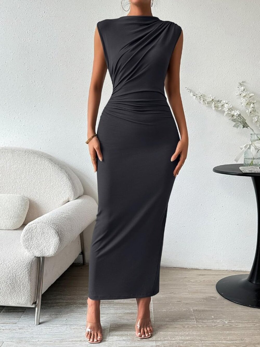 Women's Dark Grey Ruched Bodycon Sleeveless Slit Elegant Cocktail Maxi Dress - Picture 2 of 6